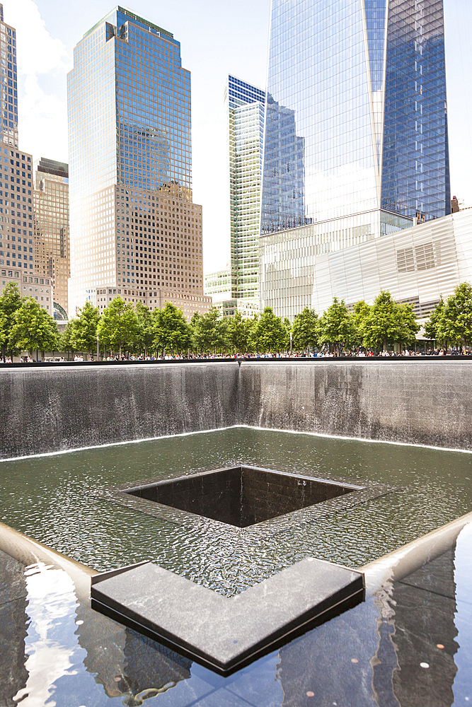 One of the two waterfalls at National September 11 Memorial, World Trade Center, Manhattan, New York City, New York, USA