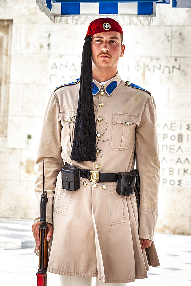 Greek soldier, an Evzone, on sentry duty outside the Parliament building, Athens, Greece