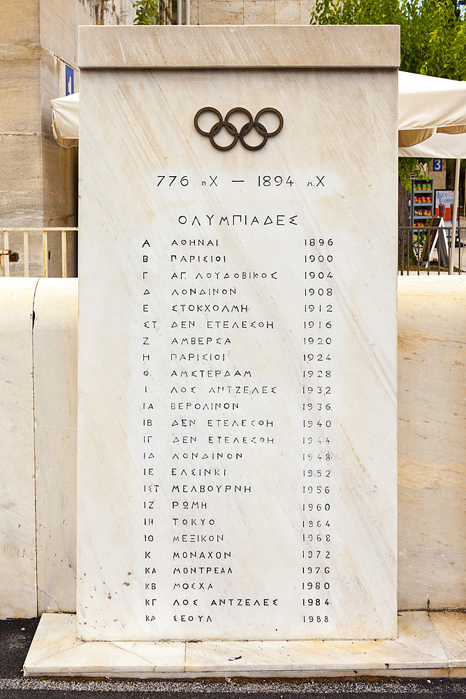 List of summer Olympic Games dates and venues in Greek on marble plaque, Panathenaic Stadium, Athens, Greece