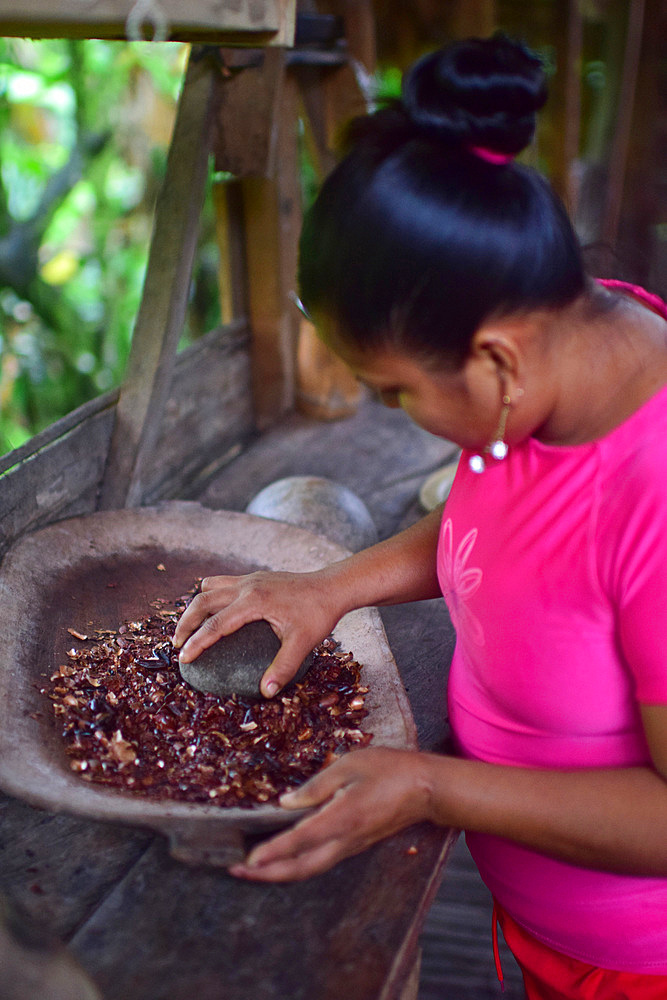 Kathiana helps prepare natural cacao drink at Bribri tribe house, A day with the Bribri, indigenous people in Lim?n Province of Costa Rica,