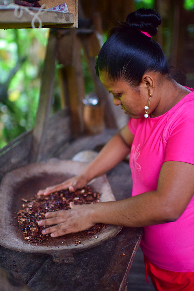 Kathiana helps prepare natural cacao drink at Bribri tribe house, A day with the Bribri, indigenous people in Lim?n Province of Costa Rica,