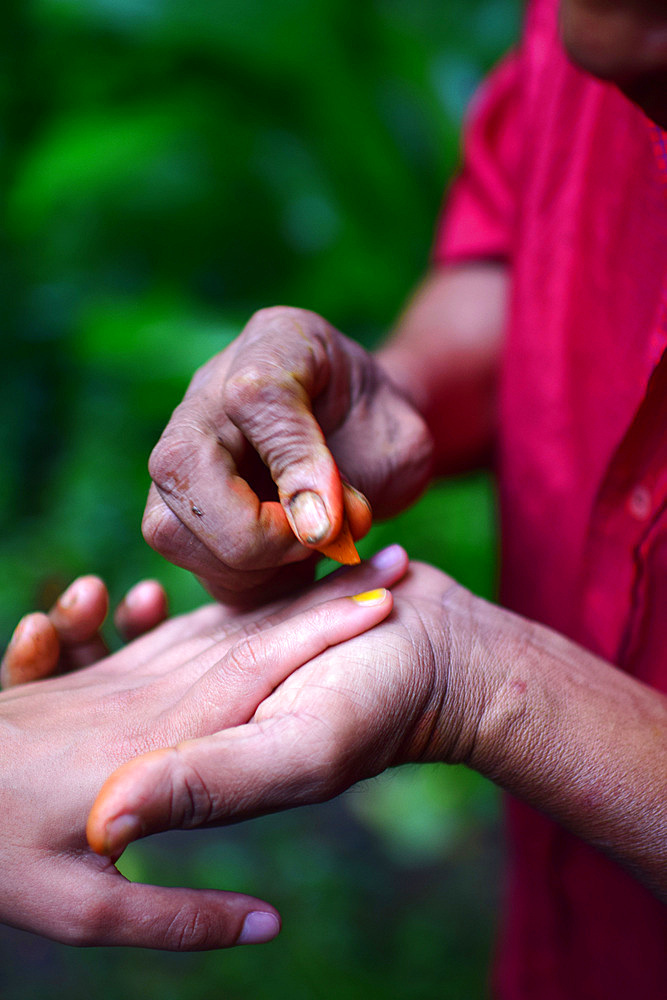 Catato L?pez, Bribri man painting woman?s nails with natural made polish, A day with the Bribri, indigenous people in Lim?n Province of Costa Rica