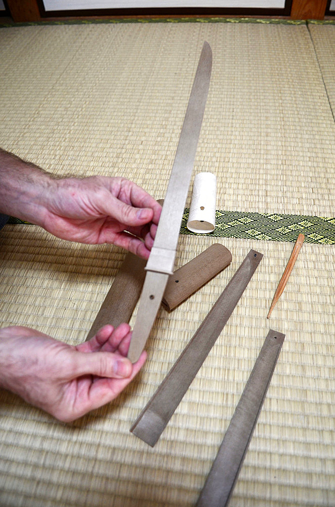 Japanese Sword Scabbard (Koshirae) Maker, Atsuhiro Morii, working at his workshop. Yokohama, Japan