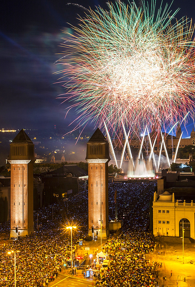 Fireworks at Plaza de Espav±a during La Merce Festiva, Barcelona. Catalonia. Spain