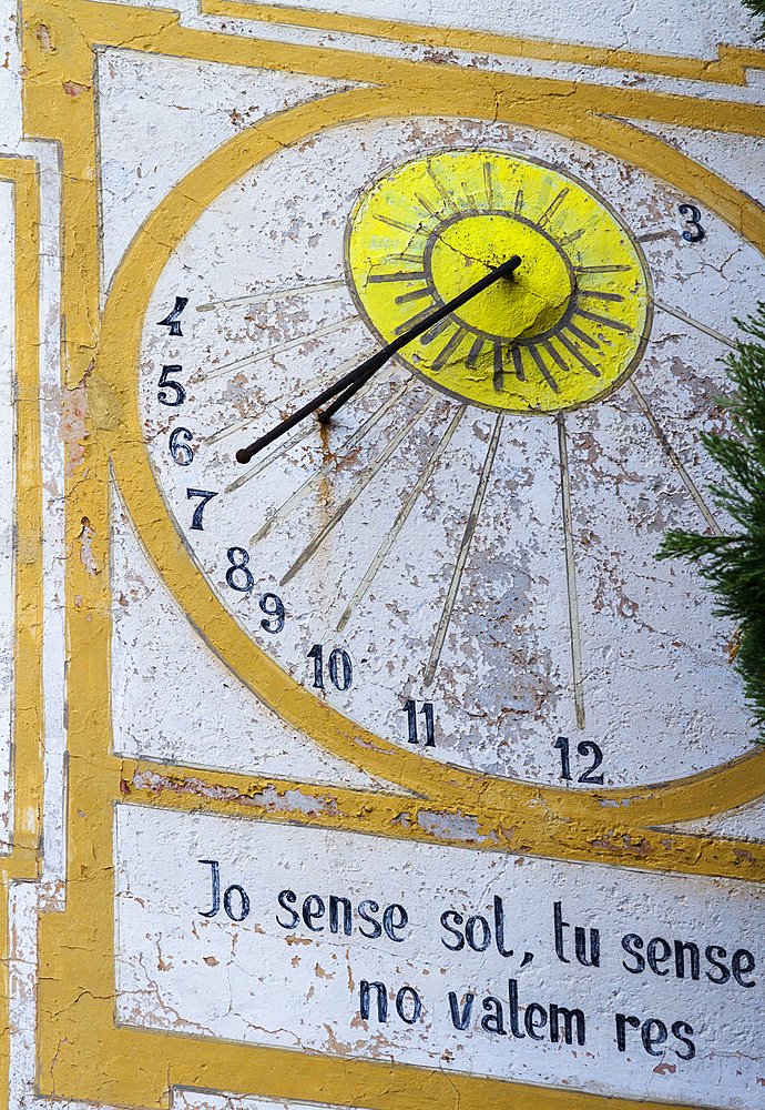 Sundial in Santa Maria church. Cadaques. Costa Brava, Girona. Catalonia, Spain, Europe