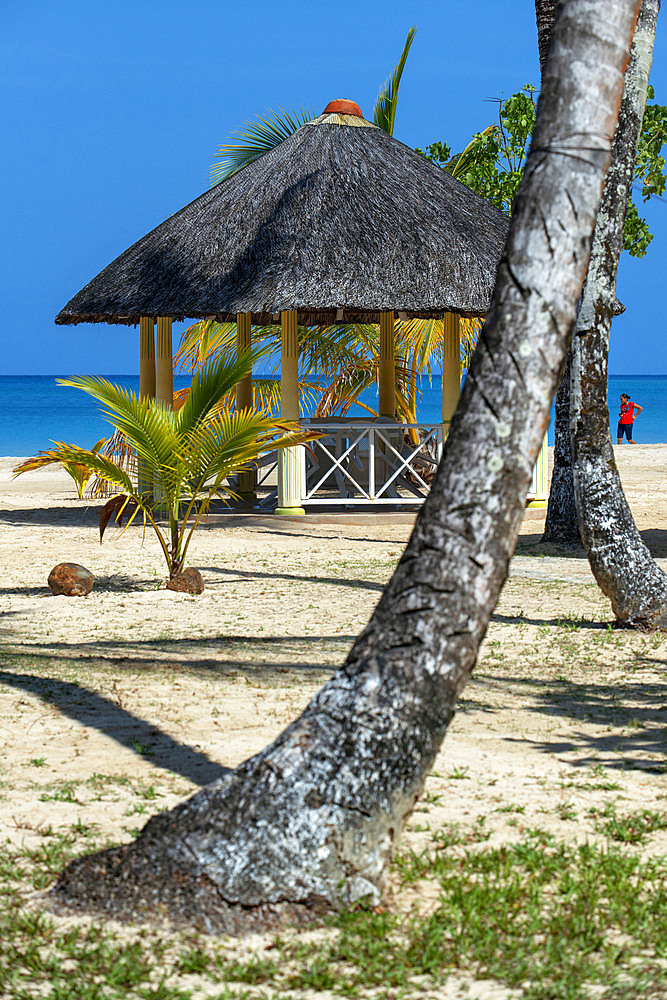 Palms and beach with tourist huts, Corn Island, Caribbean Sea, Nicaragua, Central America, America. Arenas Beach Hotel