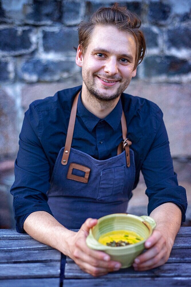 Chef William Hellgren at the fabulous Backpocket Restaurant in Hotel Nestor in Korpo or Korppoo island, Korpostrom coast Southwest Finland Turku archipelago. The archipelago ring road or Saariston rengastie is full of things to see, do and do. The Archipelago Trail can be taken clockwise or counter clockwise, starting in the historical city of Turku, and continuing through rural archipelago villages and astonishing Baltic Sea sceneries. The Trail can be taken from the beginning of June until the end of August.