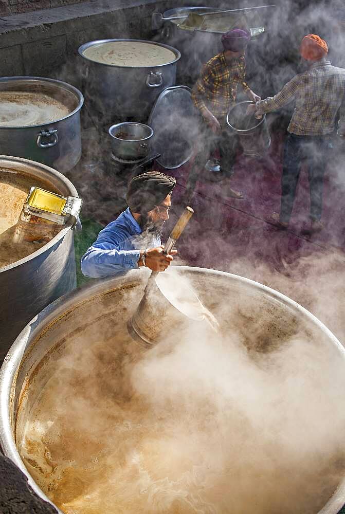 Maiking chai. Volunteers cooking for the pilgrims who visit the Golden Temple, Each day they serve free food for 60,000 - 80,000 pilgrims, Golden temple, Amritsar, Punjab, India