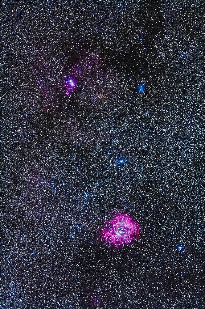 The area of the Rosette Nebula (bottom) and Christmas Tree Cluster (top) in Monoceros with the Fornax Lightrack tracker and 200mm lens + Canon 5D MkII. The nebulosity at top includes the Cone Nebula.