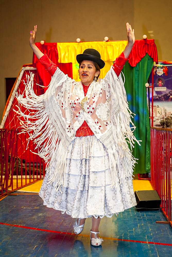 Lucha Libre. Benita la Intocable acclaimed by the public before starting the combat, cholitas females wrestlers ,Sports center La Ceja, El Alto, La Paz, Bolivia