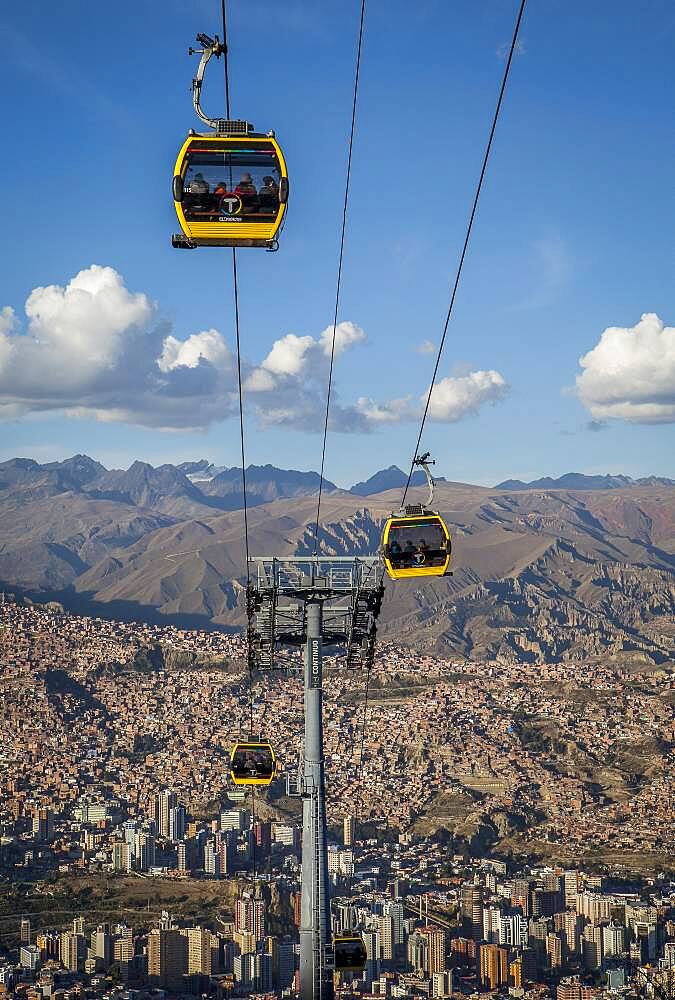 Panoramic view of the city, in background Los Andes mountains, cable car to El Alto, La Paz, Bolivia