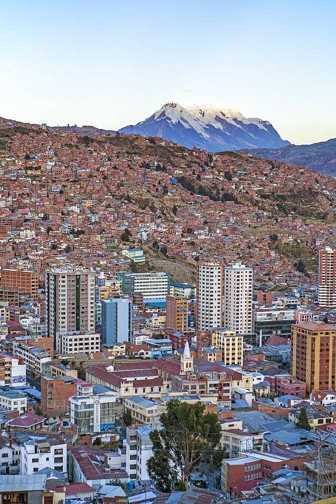 Panoramic view of the city, in background  Illimani mountain 6462 m, La Paz, Bolivia