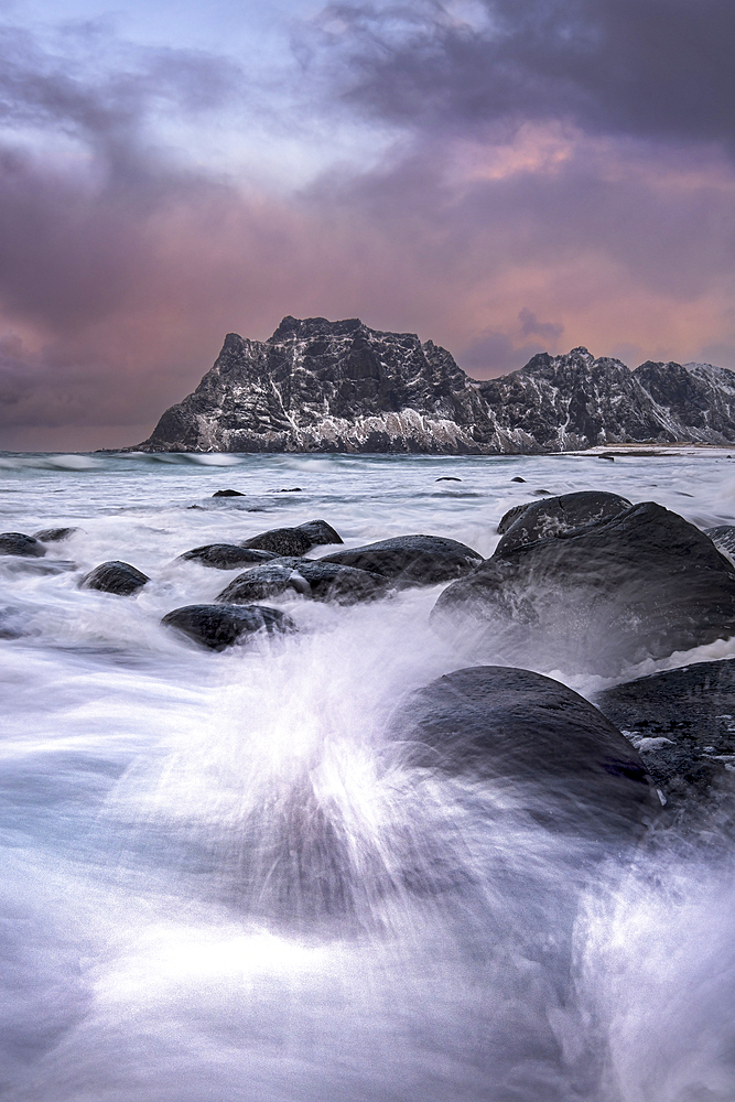 Uttakleiv Beach in winter, Vestvagoy Island, Lofoten Islands, Norway, Scandanavia, Europe