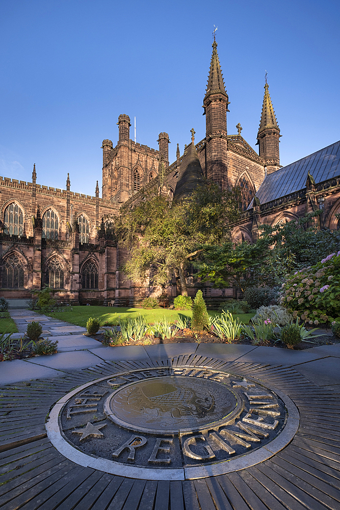 Chester Cathedral from the Remembrance Garden in autumn, Chester, Cheshire, England, United Kingdom, Europe