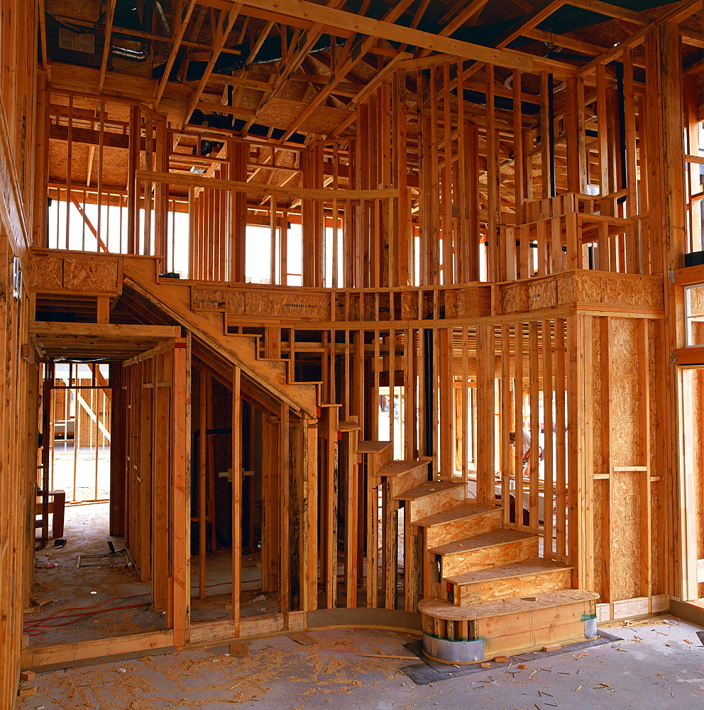 Interior of a wood framed house under construction in California, United States of America, North America