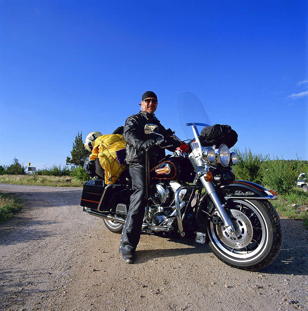 Portrait of biker on a Harley Davidson motor cycle, United States of America, North America