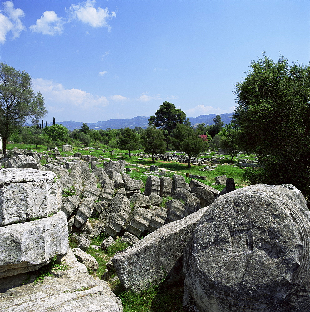 Fallen pillars from the Temple of Zeus, Olympia, UNESCO World Heritage Site, Greece, Europe