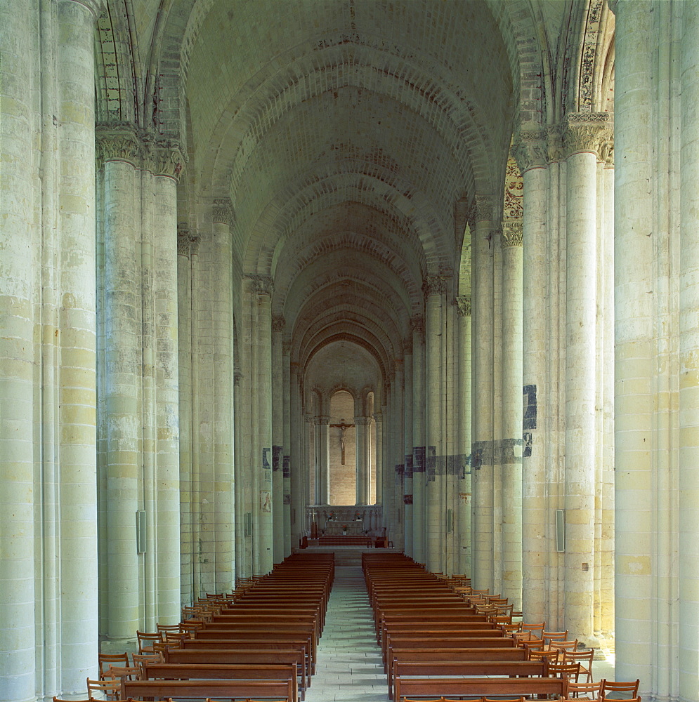 Interior of 12th century Romanesque church, the longest in France without a transept, at Cunault in Anjou, Pays de la Loire, France, Europe