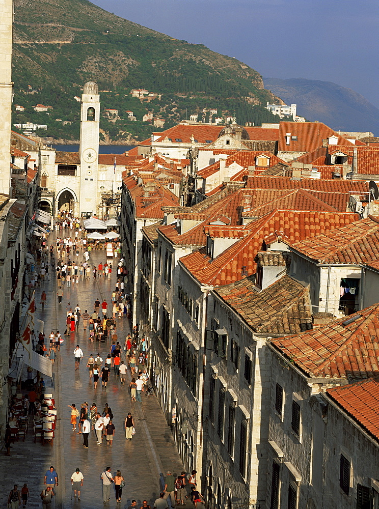 Looking down the main street (Placa) to clock tower, Dubrovnik, Croatia, Europe