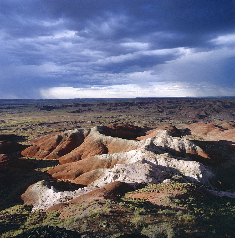 Eroded rocks under an overcast stormy sky, the Painted Desert, Arizona, United States of America (USA), North America