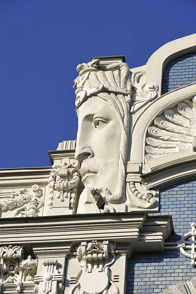 Part of pediment of Art Nouveau building's facade in Elizabetes Street, work of the architect Mikhail Eisenstein, UNESCO World Heritage Site, Riga, Latvia, Baltic region, Europe