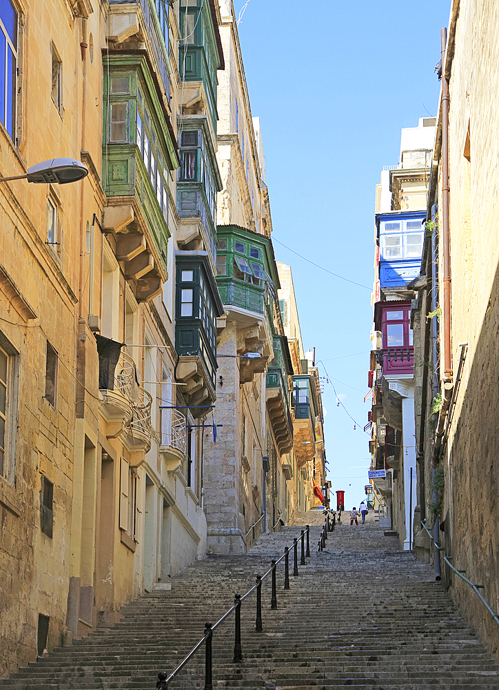 Steep historic street in city centre of Valletta, UNESCO World Heritage Site, Malta, Mediterranean, Europe