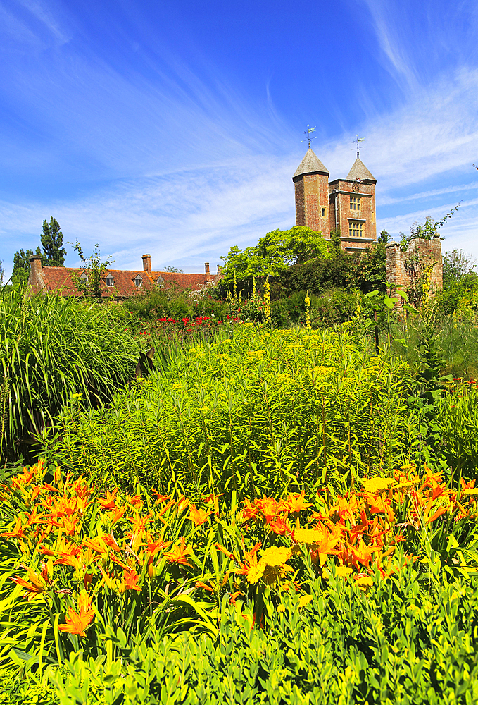 Red brick tower and blue sky, Sissinghurst Castle gardens, Kent, England, United Kingdom, Europe