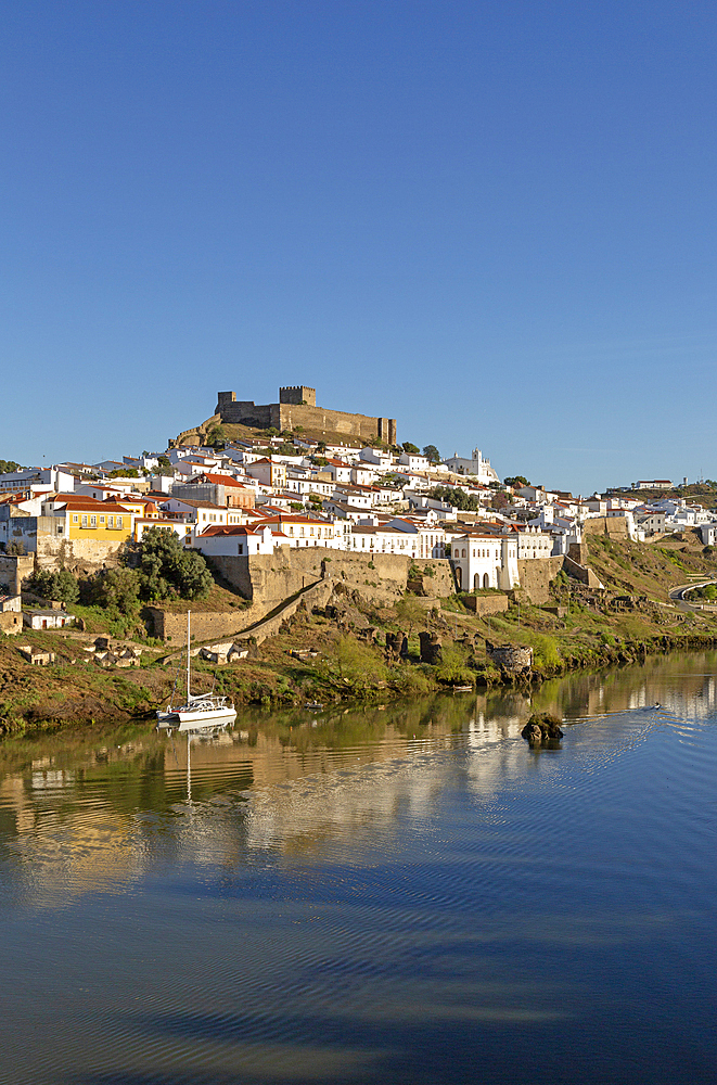 Historic hilltop walled medieval village of Mertola with castle, on the banks of the river Rio Guadiana, Baixo Alentejo, Portugal, Europe