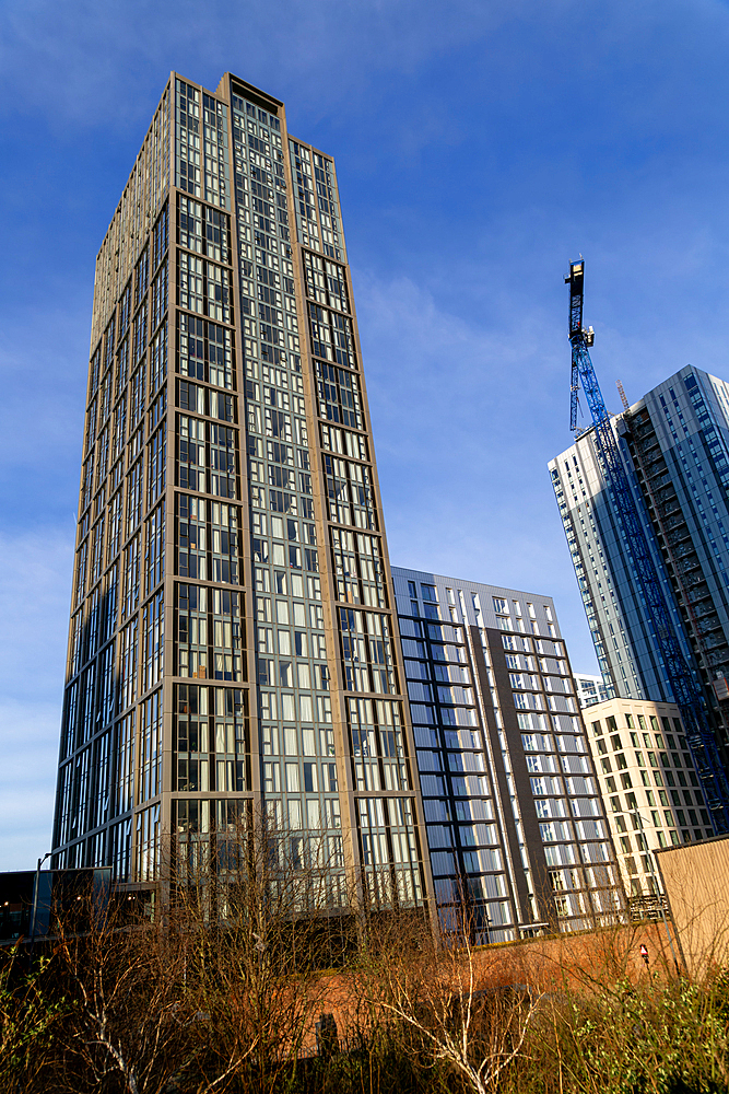 The Lexington building, 35-storey residential development by Moda Group, Princes Dock, Liverpool, England, UK built 2021 Lighthaus building behind