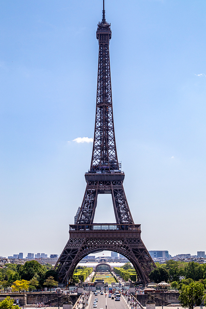 Clear blue sky over the Eiffel Tower, symbol of French culture and iconic tourist attraction, Paris, France, Europe