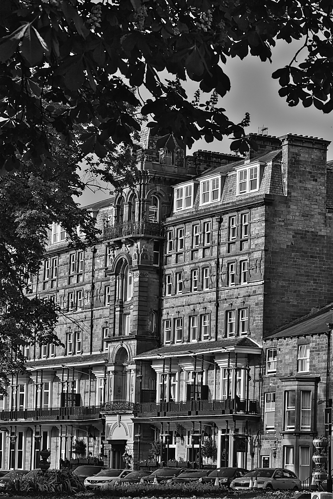 A black and white photograph of a historic multi-story building with ornate architectural details. The building is surrounded by trees and parked cars are visible in front.