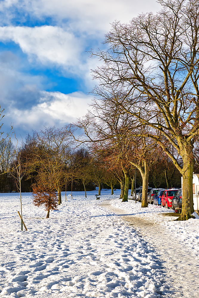 Snowy park path lined with bare winter trees and parked cars under a partly cloudy sky. Footprints are visible in the snow in Harrogate, UK.