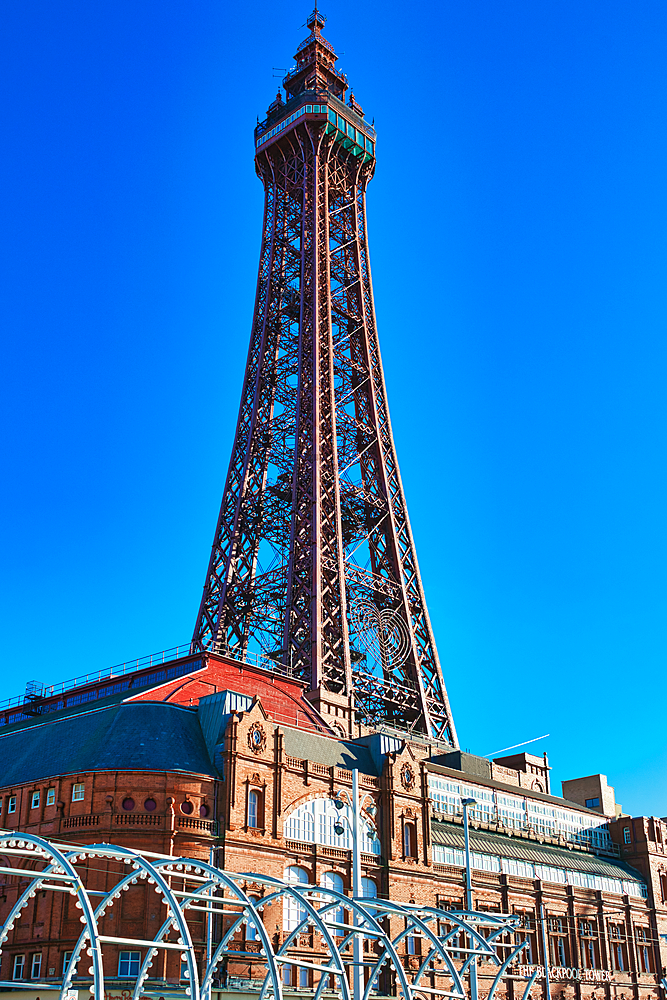 Blackpool Tower against a clear blue sky in Blackpool, England, iconic British seaside landmark in Blackpool, England