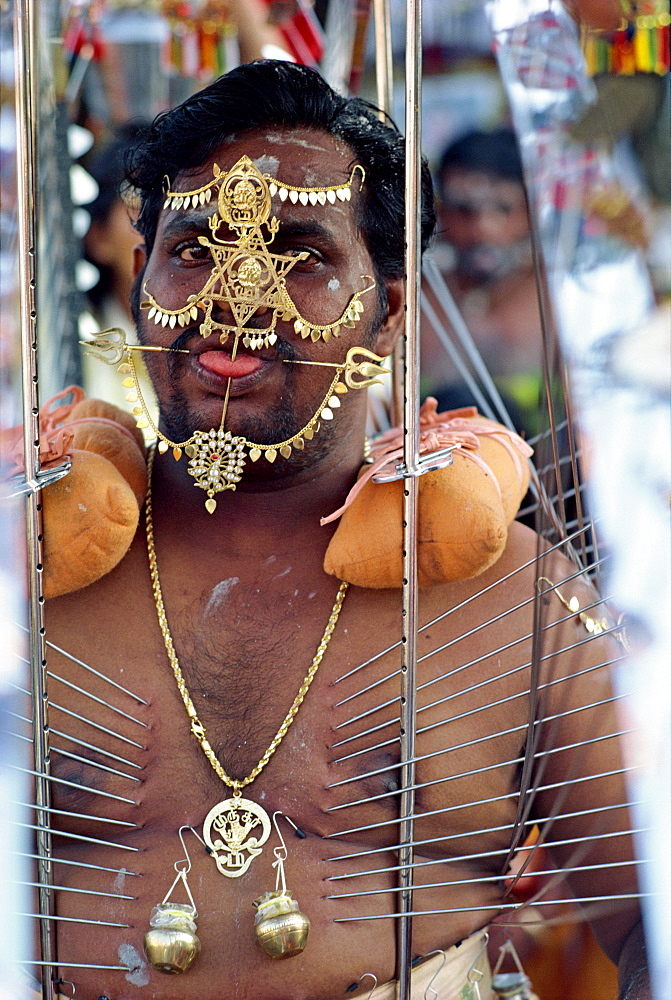 Portrait of a man with pierced tongue and spikes in his skin during the Kavadis procession in Thaipusam festival of purification in Singapore, Southeast Asia, Asia