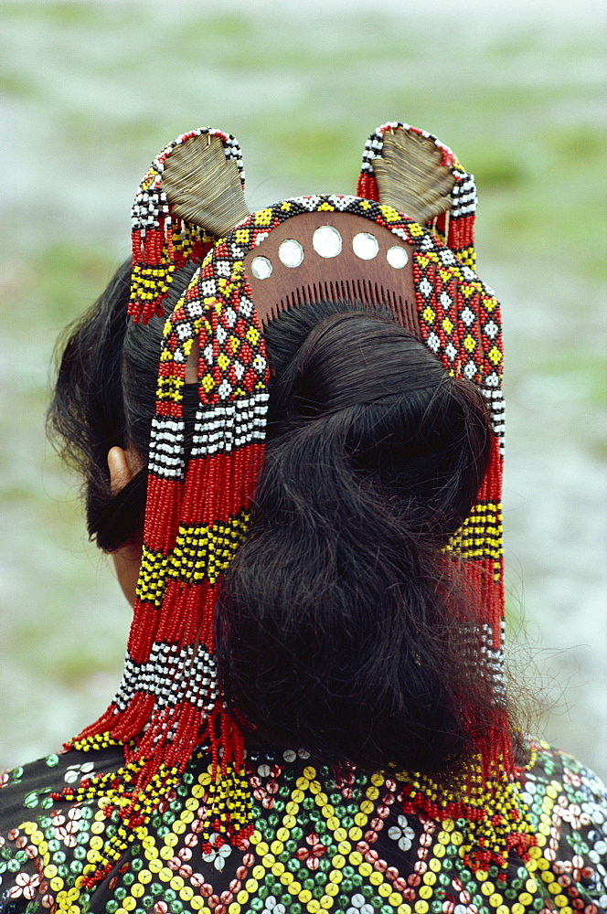 Close-up of head-dress of comb and beads of a woman of the T'boli tribe in southern Mindanao, Philippines, Southeast Asia, Asia