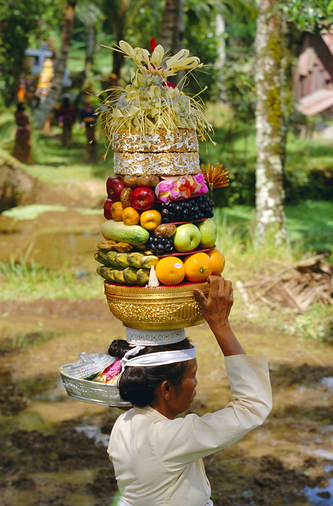 Woman carrying food offerings on her head, celebrating festival of Kuningan, Ubud village, island of Bali, Indonesia, Southeast Asia, Asia