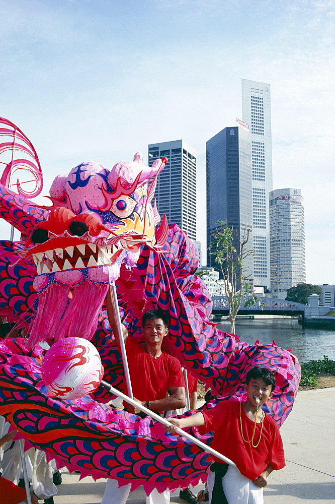 Chinese dragon dancers, Singapore National Day, Singapore, Southeast Asia, Asia