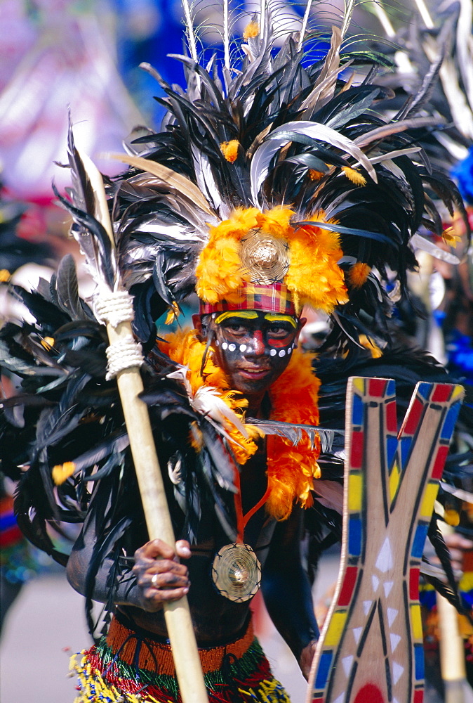 Portrait of a boy in costume and facial paint, Mardi Gras, Dinagyang, Iloilo City, island of Panay, Philippines, Southeast Asia, Asia