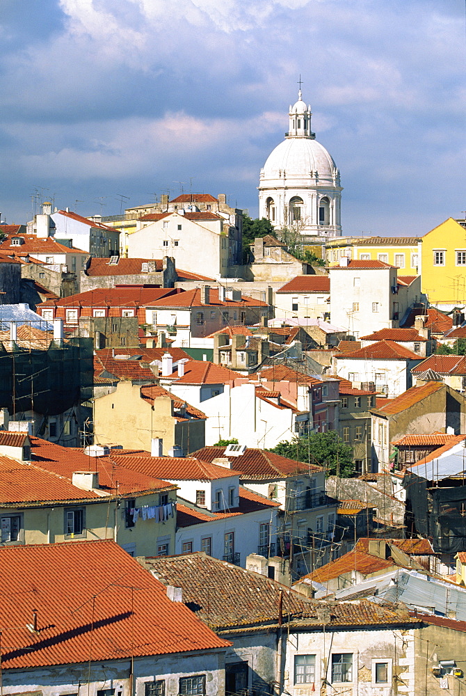 Houses of the Campo de Santa Clara below the Igreja da Santa Engracia, Panteao National, designed by Joao Antunes, in Alfama area of Lisbon, Portugal, Europe