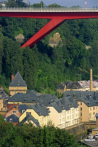 Houses and trees below Catherine Bridge in Luxembourg, Europe