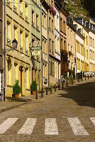 Street scene of cafe and houses in the valley village of Grund, Luxembourg, Europe