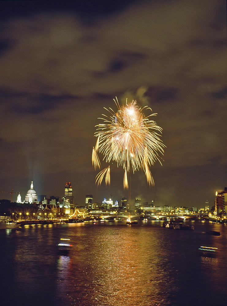 Firework display over the River Thames after the Lord Mayor's Parade, London, England, United Kingdom, Europe