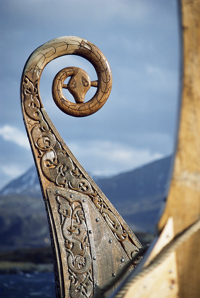 Detail of the replica of a 9th century AD Viking ship, Oseberg, Norway, Scandinavia, Europe