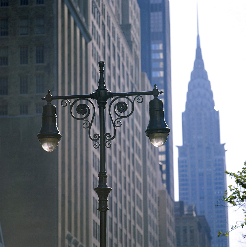 Street lamps and the Empire State Building, Manhattan, New York City, New York, United States of America (USA), North America