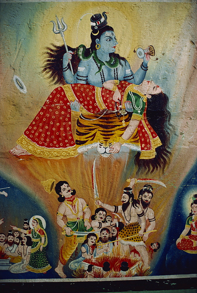 Mural of Shiva and his consort Parvati, India, Asia