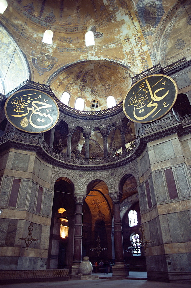 Interior of the Santa Sophia with huge medallions inscribed with the names of Allah, UNESCO World Heritage Site, Istanbul, Turkey, Europe, Eurasia