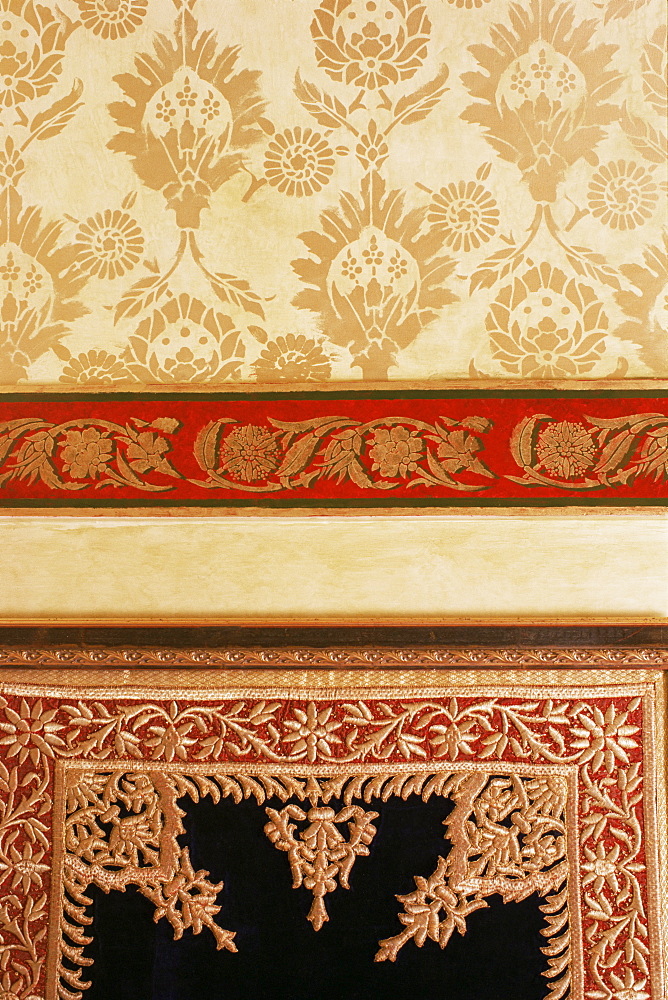 Example of traditional Zardozi gold embroidery work and stenciled wall decoration, Lutyens style bungalow, New Delhi, India, Asia