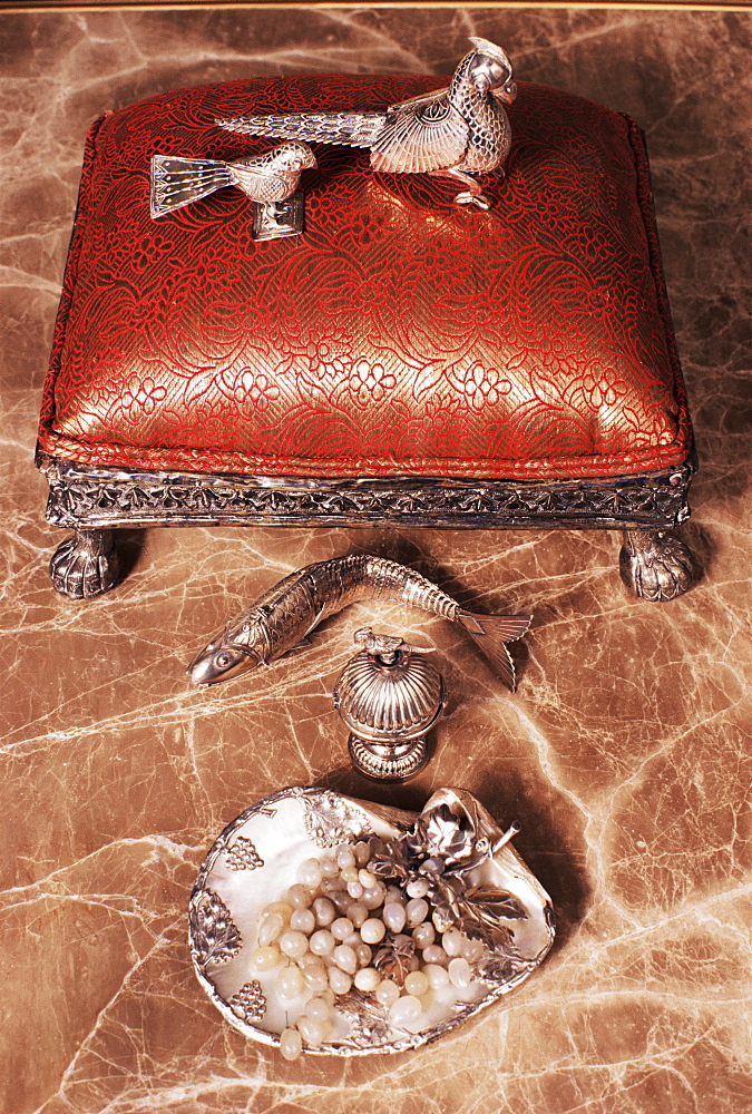 Antique silverware on marble top table, Lutyens style bungalow, New Delhi, India, Asia