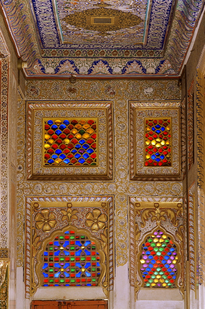 Painted ceiling and wall detail, with original old stained glass windows, Mehrangarh Fort, Jodhpur, Rajasthan state, India, Asia