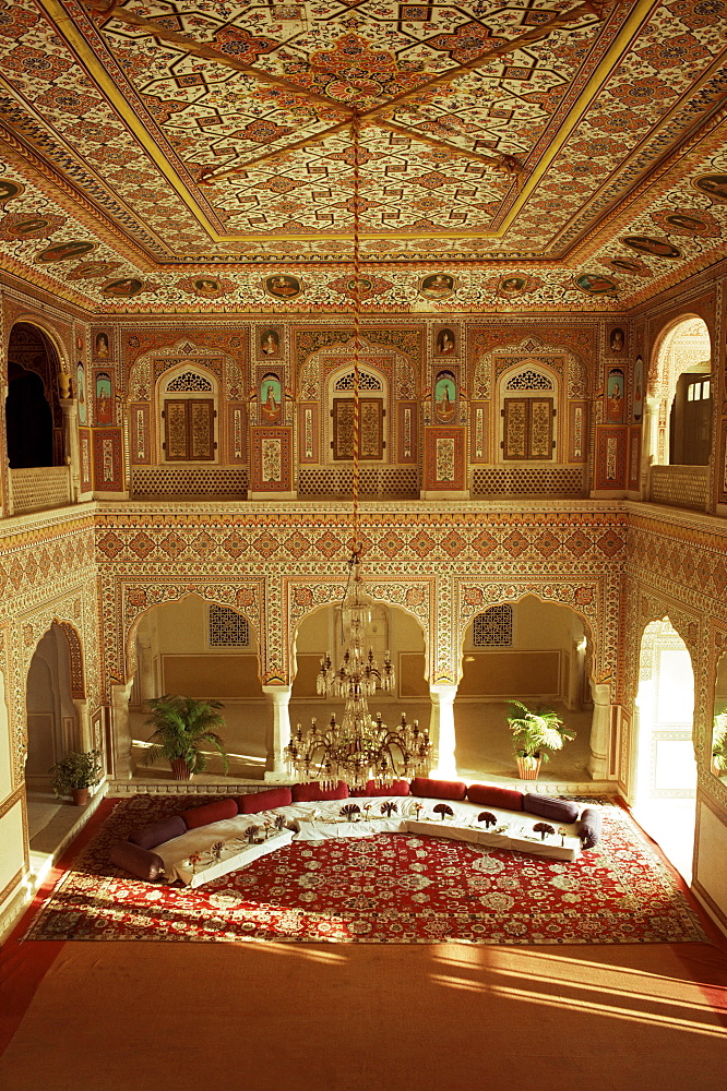 The grand painted Durbar Hall, one of the finest examples of its type in Rajasthan, Samode Palace, Samode, Rajasthan state, India, Asia 